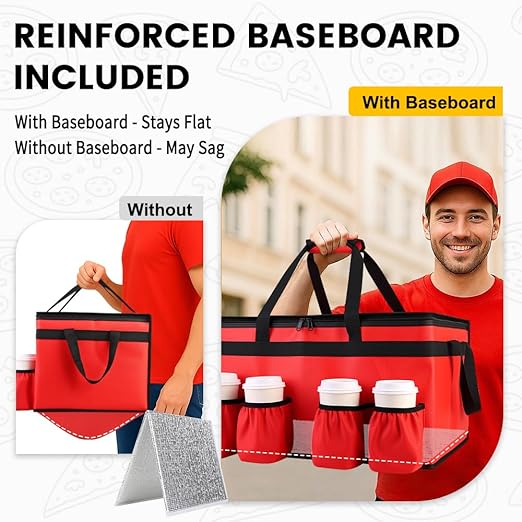 CIVJET Insulated Food Delivery Bag with 4 Cup Holders and Bottom Support, XXX-Large Insulated Grocery Bags Keep Food Hot/Cold, Cooler Bags with Drink Carrier, Food Carrier Catering Bag for Events, Red