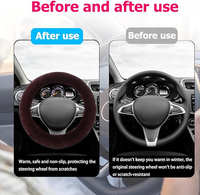 Fluffy Steering Wheel Cover, Winter Warm, Suitable for Most Car Steering Wheels in The 14-15 Inch Range (Coffee, 1PCS)