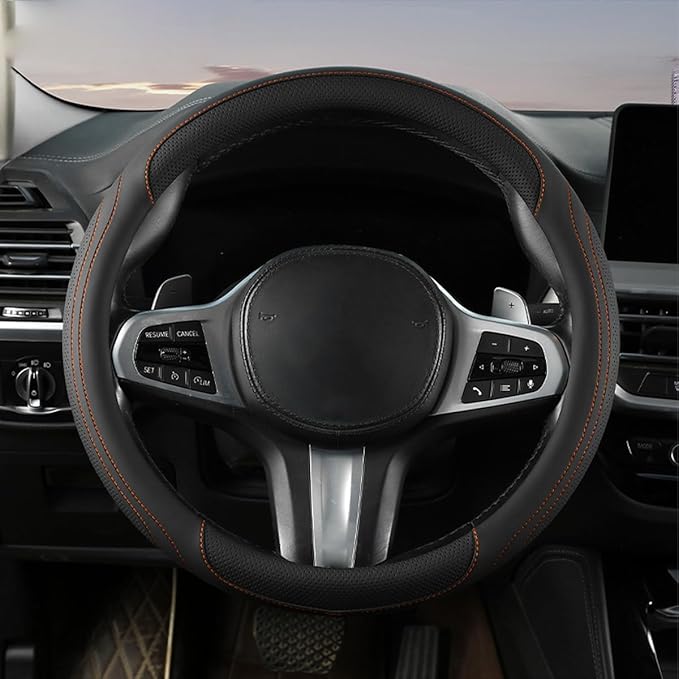 HZEL Car Steering Wheel Cover, 15 Inch Leather Comfortable Vehicle Steering Wheel Protector with Inner Rring, Anti-Slip Automotive Interior Accessories, Universal for SUV RV Truck (Black/Orange)