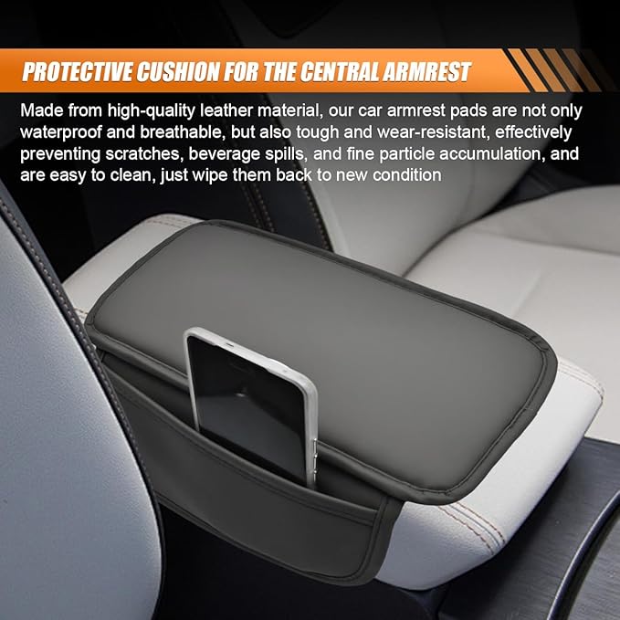 Car Center Console Cover, Leather Waterproof Auto Arm Rest Pad with Storage Bag, Scratch Resistant Middle Console Protector, Comfortable Vehicle Interior Accessories for Sedan SUV (Grey)