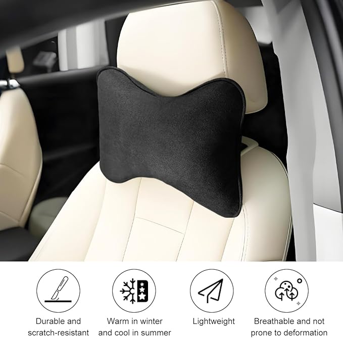 Car Headrest Pillow, Suede Soft Comfortable Breathable Vehicle Seat Neck Support Cushion with Adjustable Strap, Ergonomic Design Auto Head Rest Pad, Universal for Sedan RV Truck (Black)