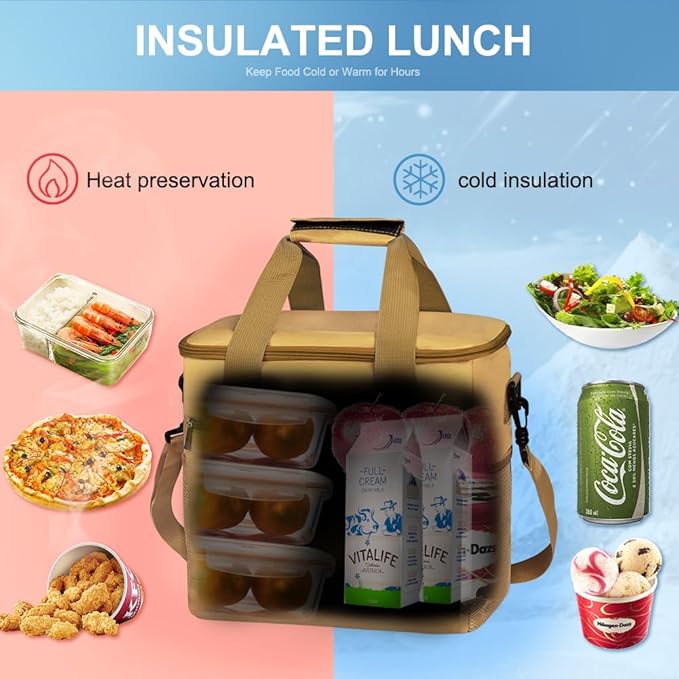 Iknoe Large Cooler Bag Collapsible 24 Can Insulated Bags Leakproof Lunch Cooler Tote with Multi-Pockets for Adult Insulated Thermal Bag for Beach, Picnic, Office Work(Khaki)