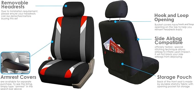 FH Group Car Seat Covers Premium Modernistic Flat Cloth Car Seat Covers Front Seats Only Red Black, Airbag Compatible Universal Fit Interior Accessories Cars Trucks SUV Car Accessories Protector