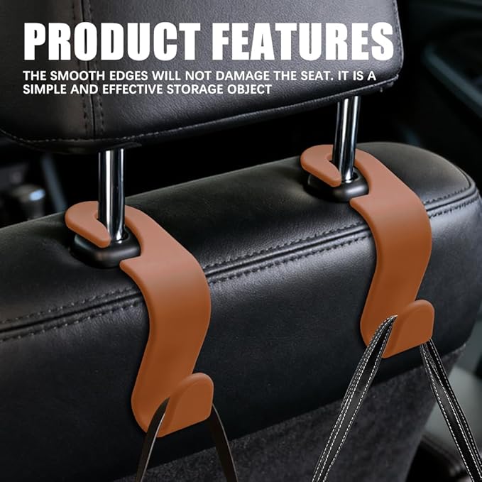 4PCS Car Seat Headrest Hooks, Purse Hook for Car, Auto Back Seat Organizer Storage Hanger Holder, Auto Accessories Multi-Use Portable Headrest Organizer Holder for Purse Handbag Coats (Brown)