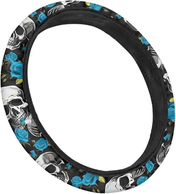 AFPANQZ Skulls Print Car Steering Wheel Cover Stretch-on Fabric Neoprene Comfortable Grip Automotive Steering Wheel Protector Adult Anti-Slip Universal 15 inch Machine Washable Gray