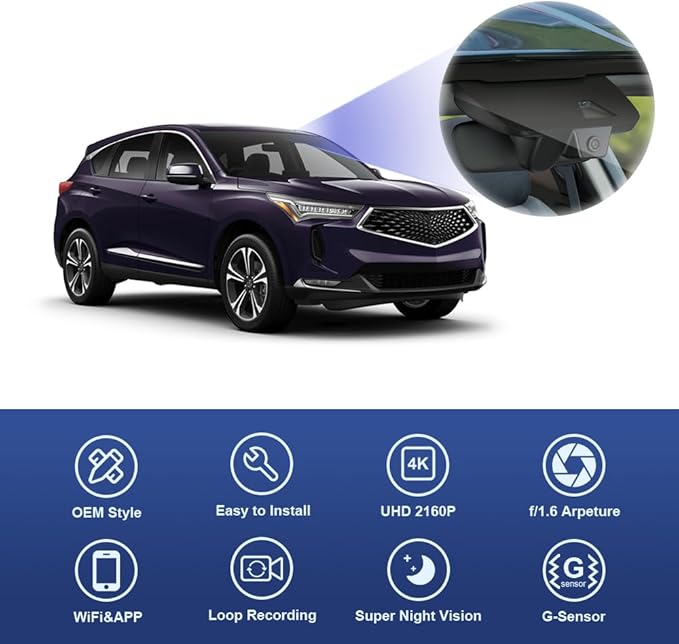 Fitcamx 4K Dash Cam Suitable for Acura RDX 2019-2026 (HD2-D4151), Integrated OEM Look, 2160P UHD Video Quality, Built-in WiFi & APP, Loop Recording, Gravity Sensor, Easy to Install, 64GB Card
