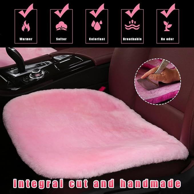 Sheepskin Car Seat Cushion, Comfortable Soft Fur Wool Auto Front Seat Cover, Vehicle Seat Protector Pad for Warm Winter Office Chair, Universal Decor Car Accessories (Pink)