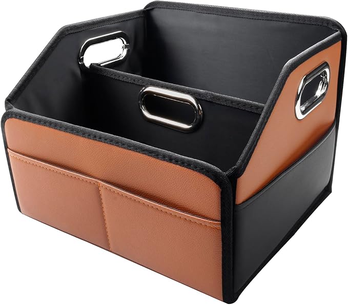 Noaman Car Organizer - 2025 Upgraded Leather Car Storage Organizer for Front Back Seat or Floor with 3 Metal Handles 6 Apartments, Multipurpose Car Organizers and Storage Brown.