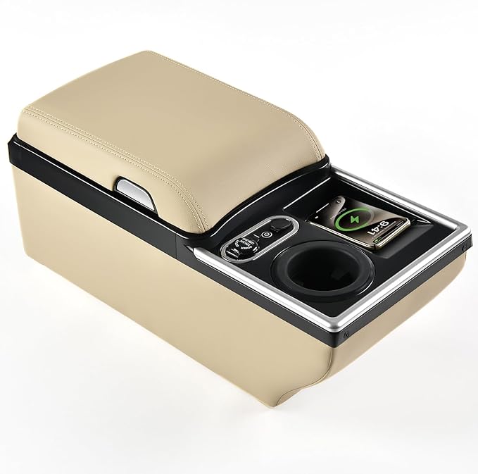 Coverado Universal Car Center Console with Wireless Charging & Cup Holder, Back Seat Organizers, Rear Bench Seat Central Armrest Box with Storage, for Most Vehicles, Easy Install, Beige