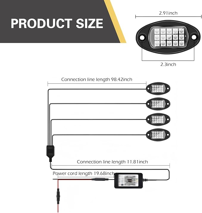 WZP 4 Pods RGB LED Rock Lights, Multicolor Underglow LED Light Kit with APP Control & Music Mode, 12V Waterproof PVC Off Road Lights, Wheel Light for Truck SUV ATV UTV Golf Cart Pickup