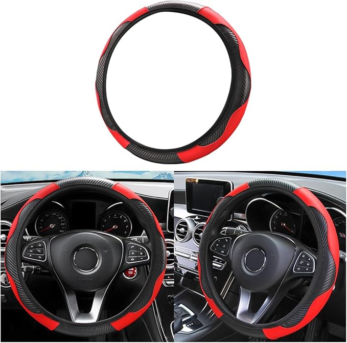 Car Steering Wheel Cover, Elastic Anti-Slip Microfiber PU Leather Auto Steering Wheel Protector, Comfortable Vehicle Interior Protective Accessories, Universal for RV, SUV, Truck (Black/Red)