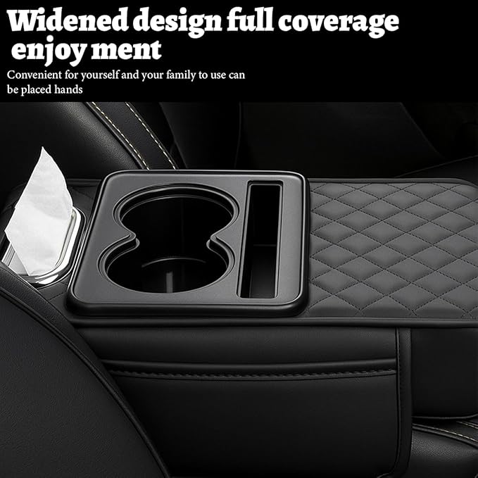 Car Center Console Cover, Memory Foam Nappa Leather Vehicle Armrest Cushion with Tissue Box, 2 Storage Bag & Holder, Automotive Arm Rest Protector Accessories, Universal Fit (Beige)