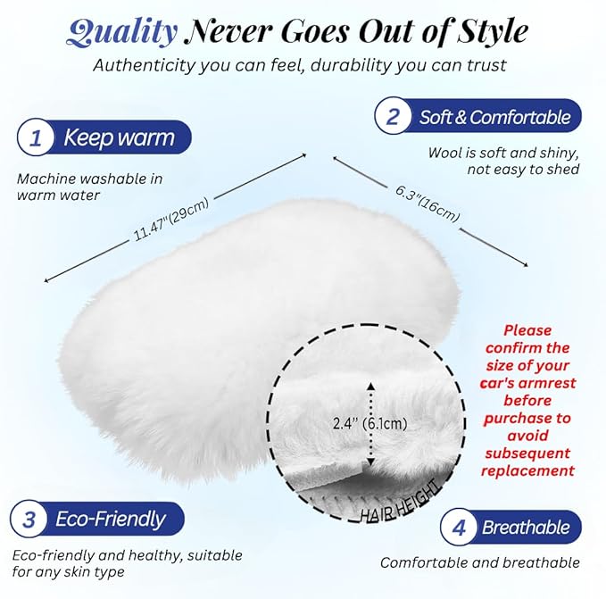 Andalus Brands Pure Australian Sheepskin Fluffy Car Center Console Cover, Luxurious Non-Shedding Furry Arm Rest Cover for Car, Versatile for All Seasons, White - (11.47" X 6.3")