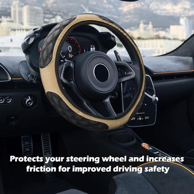 15 Inch Car Steering Wheel Covers with Double Colors,Non-Slip Leather Steering Wheel Cover for Protecting Steerings Wheels,Universal Cars Decorations Car Wheels Cover (Beige)