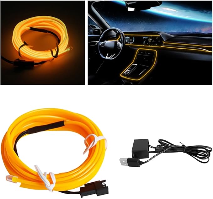 EL Wire LED Strip Lights, 10FT/3M USB Auto Neon Light Strip with Sewing Edge, Electroluminescent Car Ambient Lighting Kits with Fuse Protection, Car Decoration Accessories (Yellow)