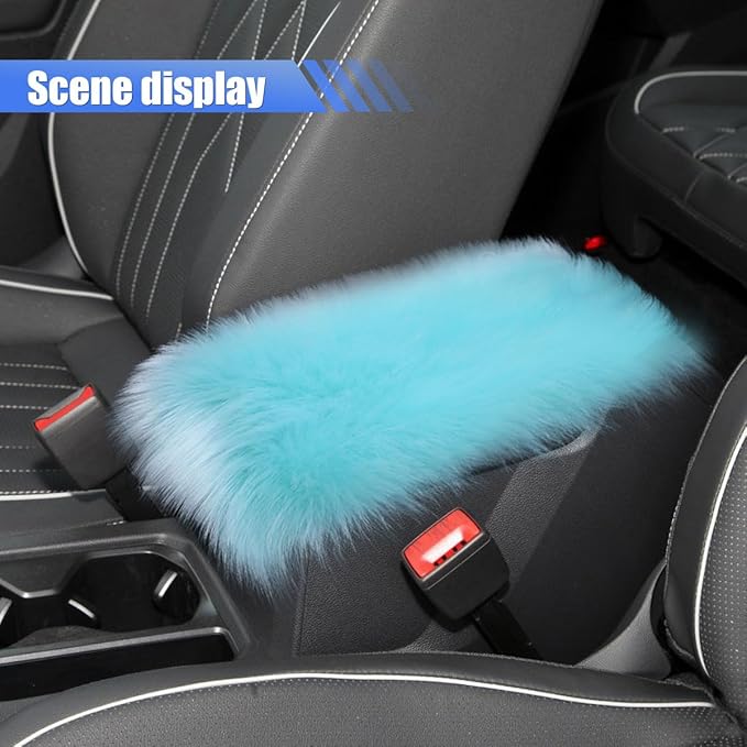 Auto Center Console Cover Pad, 11.81"x 7.87" Warm & Furry Winter Car Armrest Cover, Soft Faux Sheepskin Wool Car Armrest Seat Box Protector Cushion, Universal Interior Accessory (Blue)