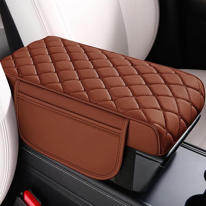 Universal Memory Cotton Car Armrest Box Pad, 2026 New Leather Car Armrest Box Pad with 2 Storage Bags, Auto Armrest Seat Box Cover, Center Console Cover Cushion for SUV, Car, Truck (Brown)