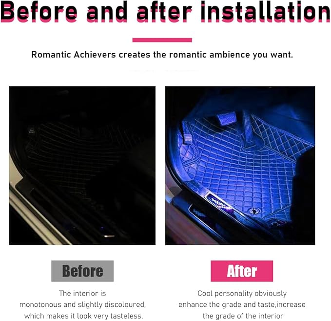Car LED Strip Light, 24 LEDs RGB Neon Interior Atmosphere Lights, 12V Under Dash Ambient Night Light, USB Port Auto Interior Decorative Lamp, Universal Car Accessories (Blue)