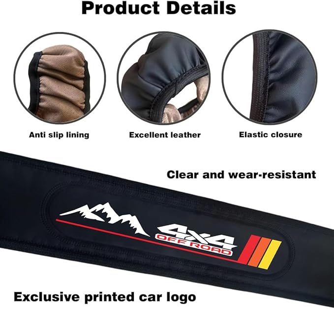 Black Leather Mountains 4x4 Off Road Steering Wheel Cover,Elastic Breathable Design,Universal 14-15 Inch Compatible with TRD Tacoma Tundra 4Runner Sequoia Rav4 Car Accessories