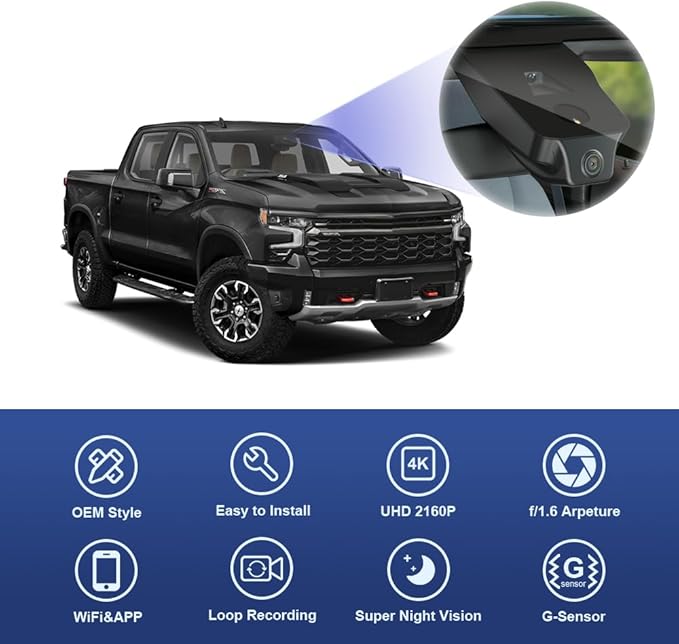 Fitcamx 4K Dash Cam Suitable for Chevy Silverado 2022-2025 (HD2-6272, 6 Vents) 1500 2500HD 3500HD, OEM Look, UHD 2160P Video, Built-in WiFi & APP, Loop Recording, G-Sensor, Plug & Play, 64GB Card