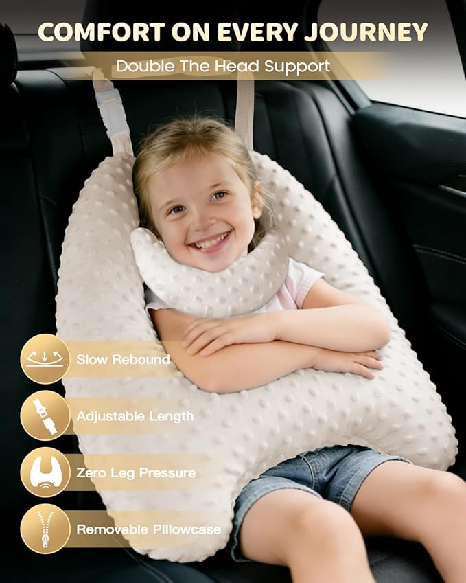 Memory Foam Kids Travel Pillow, Car Pillow for Kids, H-Shape Car Pillows for Sleeping, Removable Pillowcase, Adjustable, Velvet Dots, Beige