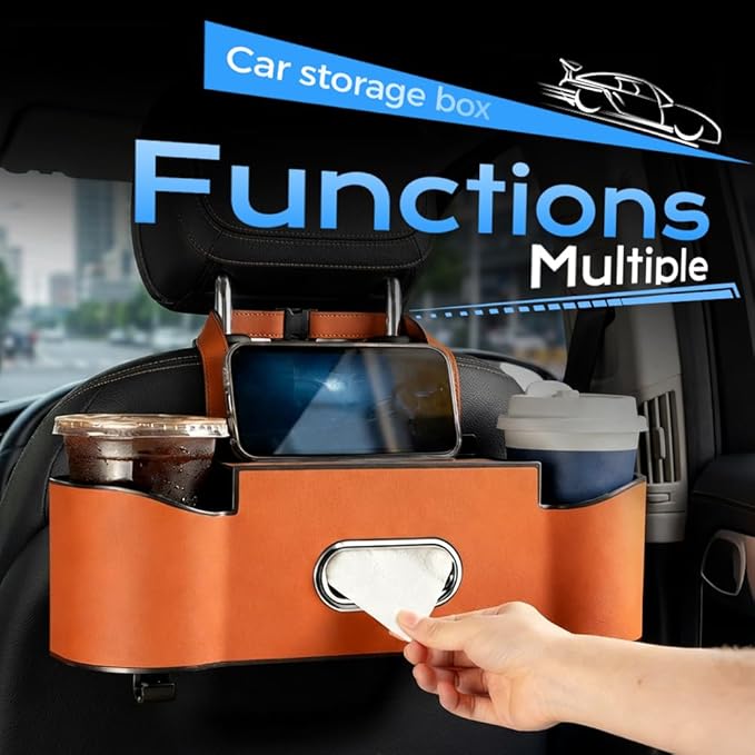 Back Seat Car Organizer with Cup Holder, 2026 New Backseat Car Organizer Back Seat, Multifunctional Car Seat Back Organizer Storage Box with Hooks & Tissue Box, for Drinks, Phone & Handbags (Black)