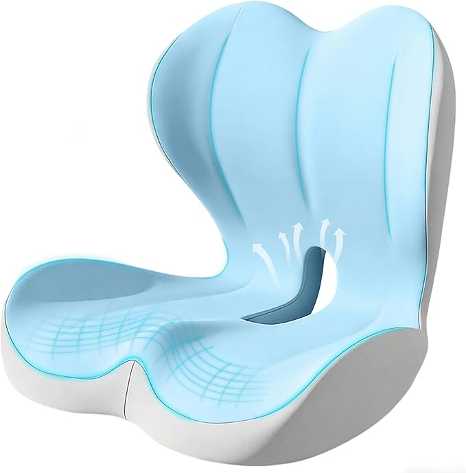 Seat Cushion for Office Chair and Car, Lumbar Support Pillow for Office Chair, Memory Foam Ergonomic Seat Cushion for Long Sitting, Back & Tailbone Pain, Sciatica - Blue & Gray