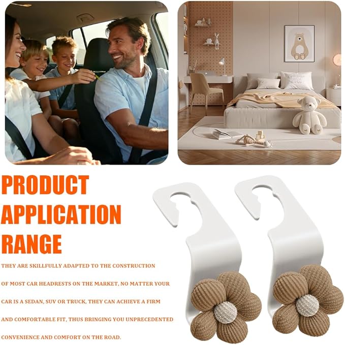 4PCS Car Headrest Hooks, Purse Hook for Car, Cute Flower Auto Backseat Organizer Hanger for Purse Grocery Bag Coat, Auto Seat Back Organizer Storage Hanger Holder Fit Vehicles (White/Orange)