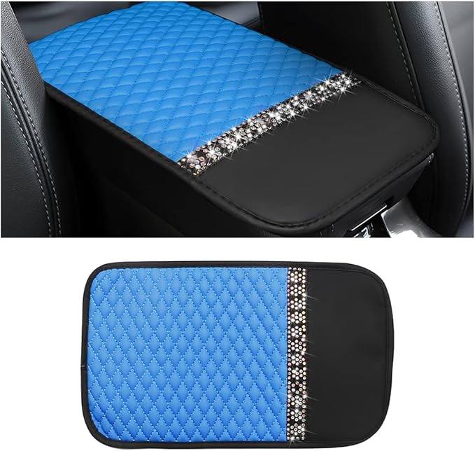 Bling Leather Car Center Console Cover, Car Center Console Protector With Glossy Crystal Rhinestone, Universal Waterproof Car Armrest Seat Box Cover For Most Car, Vehicles, SUVs, Trucks (Blue)