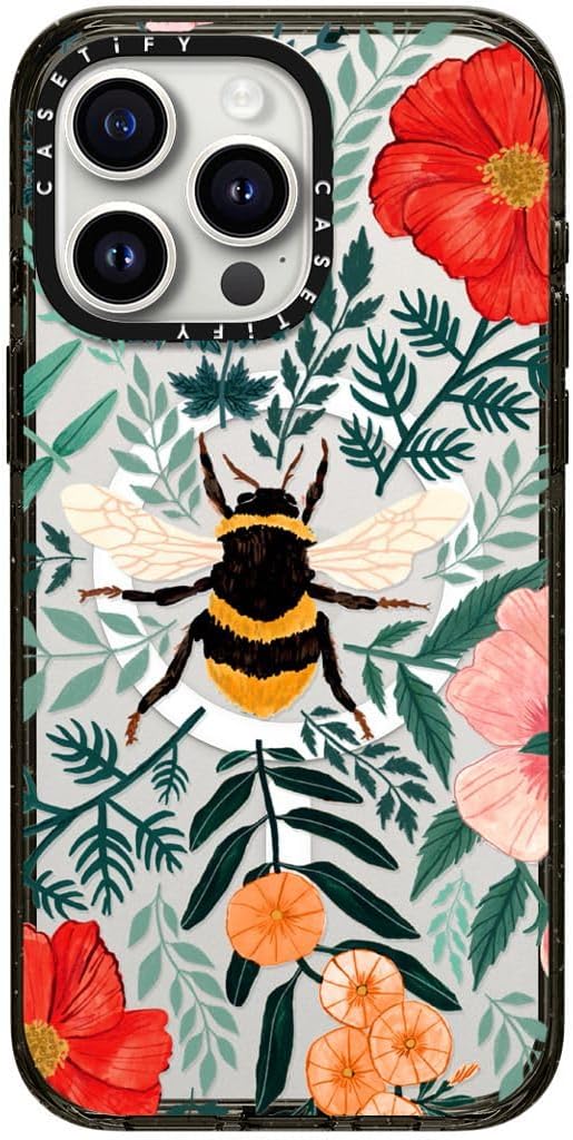 CASETiFY Impact iPhone 15 Pro Max Case [4X Military Grade Drop Tested / 8.2ft Drop Protection/Compatible with Magsafe] - Bee in The Flowers - Clear Black