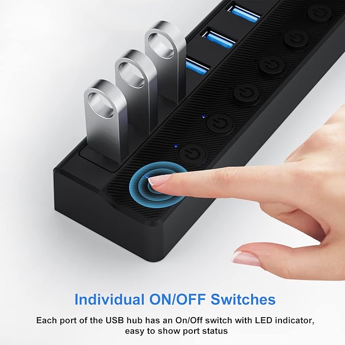 ONFINIO Powered USB Hub 3.0, 10-Port USB Splitter Hub with Individual On/Off Switches and 12V/2A Power Adapter USB Extension