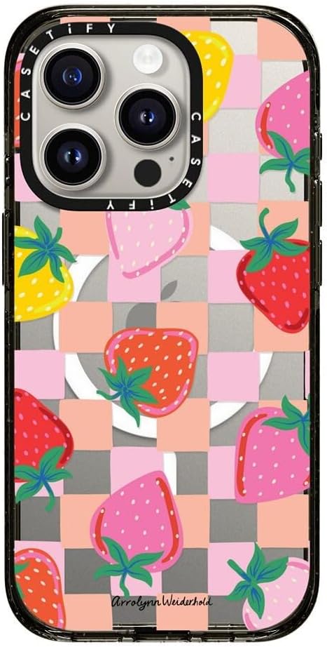 CASETiFY Impact Case for iPhone 15 Pro [8.2ft 4X Military Grade Drop Protection/Compatible with Magsafe] - Fun Strawberries - Clear Black
