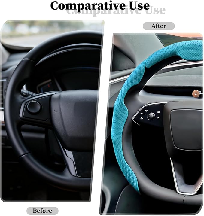 3PCS Car Steering Wheel Cover, Nappa Leather Breathable Non-Slip Segmented Steering Wheel Protector, Snap-on Auto Interior Decoration Accessories, Universal Fit (Blue)