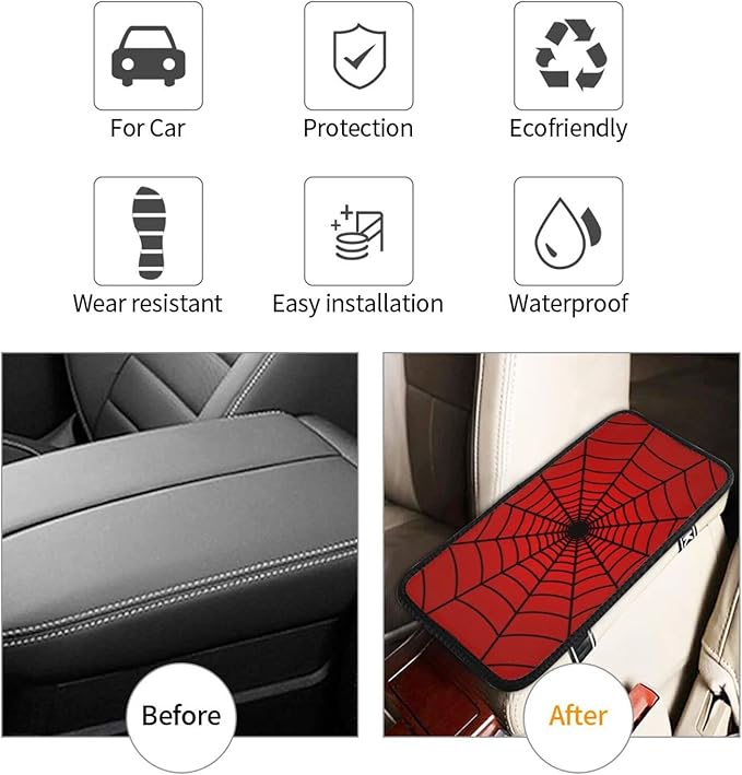 Red Spider Web Auto Center Console Cover Pad Car Armrest Seat Box Cover Cushion Universal for Most Vehicle SUV Truck Car Accessories Decor