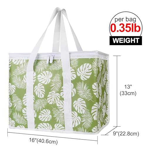 Bodaon 3-Pack Insulated Reusable Grocery Shopping Bags, X-Large Picnic Cooler Bag with Secure Top Cold, Green-Leaf