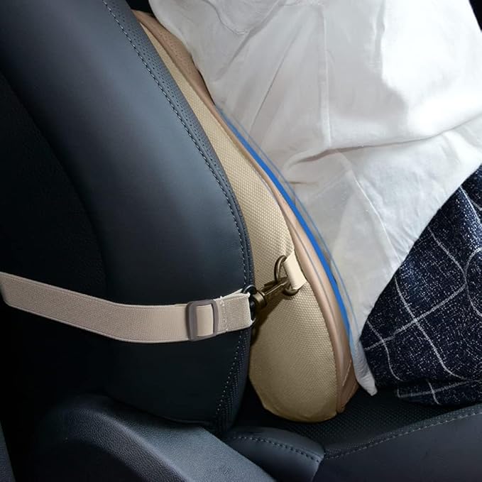 Aukee Lumbar Support Pillow for Car, Genuine Leather Memory Foam Pillow Cushion Lower Back Cushion for Car and Office Chair with Adjustable Strap (Beige)