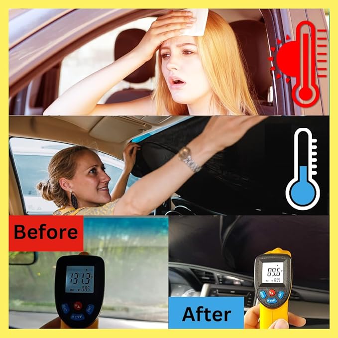 Windshield Sun Shade - Certified 99.87% UVB & 99.02% UVA Protection Car Sun Shade. Award Winning Sunshade for Car Windshield with Patented Technology. Size XL 66"x37" Car Window Shades by Kinder Fluff