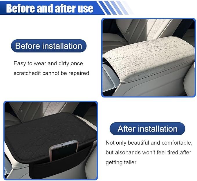 Car Center Console Cover with 2 Storage Bags - Leather Car Armrest Cushion Pad Vehicle Middle Console Cover, Universal Armrest Seat Box Protector Auto Interior Accessories for SUV, Truck, Sedan(Black)