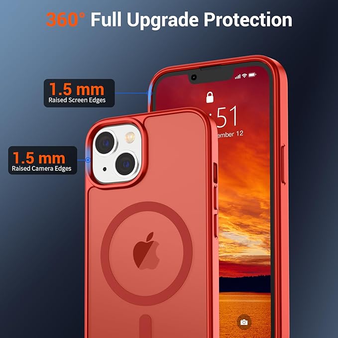 SUPFINE Magnetic for iPhone 14 Case & iPhone 13 Case (Compatible with MagSafe)(Military Grade Drop Protection) Slim Translucent Matte Shockproof Phone Cover,Red