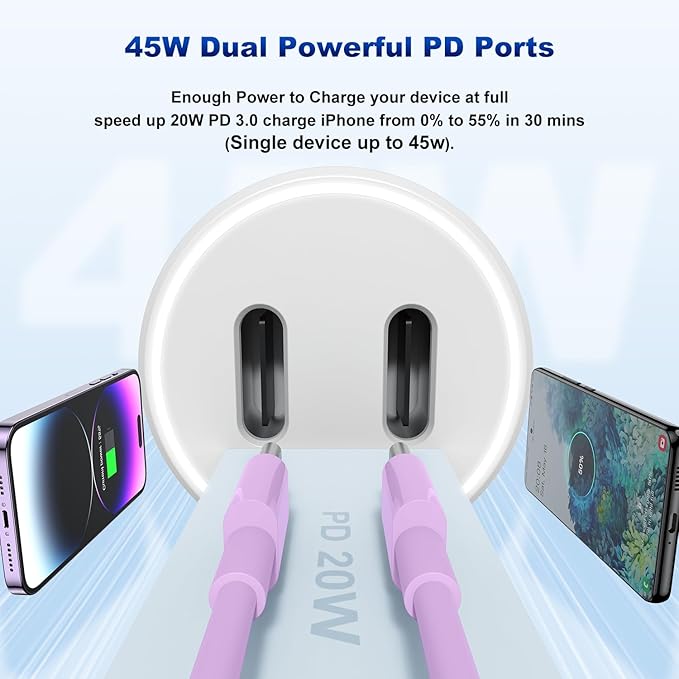iPhone 14 13 Car Charger, Certified 45W Dual Port USB C Rapid Apple Car Adapter with 6ft Type C to Lightning Cable Fast Charging for iPhone 14 Pro/14 Pro Max/14 Plus/13/12/11/X/XS/SE,iPad-Purple
