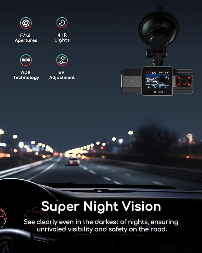 COOAU 4K Dual Dash Cam, Built-in GPS Wi-Fi, 2.5K+1080P Dash Cam Front and Inside with Infrared Night Vision, Dash Camera with Parking Mode, Loop Recording, Support 256GB Max