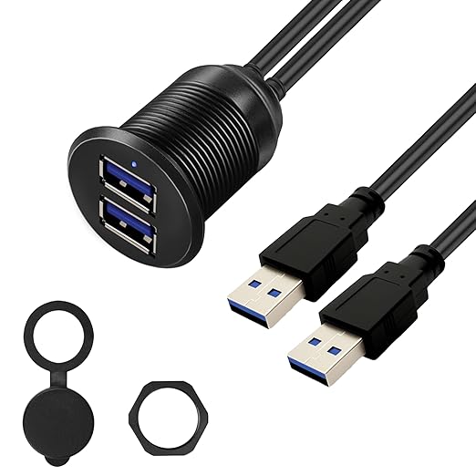 2 Ports Dual USB 3.0 Car Mount Flush Cable with LED Light, Male to Female, Metal Shell, 5Gbps USB Dashboard Panel Mount Waterproof Extension Cord for Car Truck Boat Motorcycle (1M/3.3Ft)