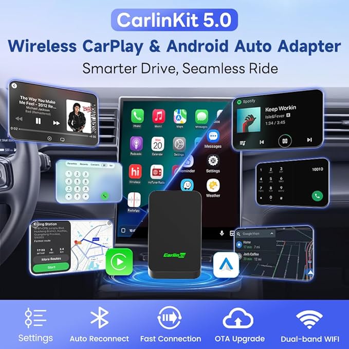 CarlinKit 5.0 Wireless CarPlay/Android Auto Adapter USB for Factory Wired Cars (Model Year: 2015 to 2026), Convert Wired Apple CarPlay & Android Auto to Wireless Dongle, Fit in-Dash Navigation