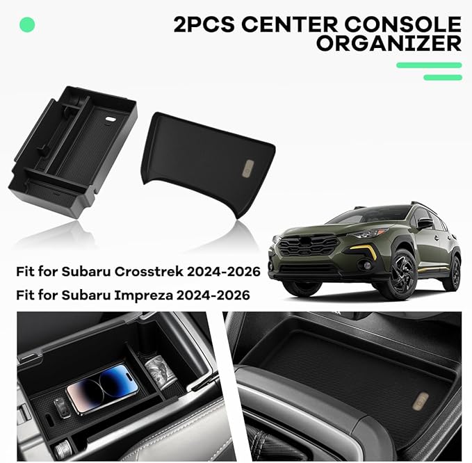2PCS Center Console Organizer Tray Compatible with Subaru Crosstrek 2024 2025/Impreza 2024 2025 Interior Accessories, Silicone Center Console Wireless Charging Mat + Armrest Storage Box