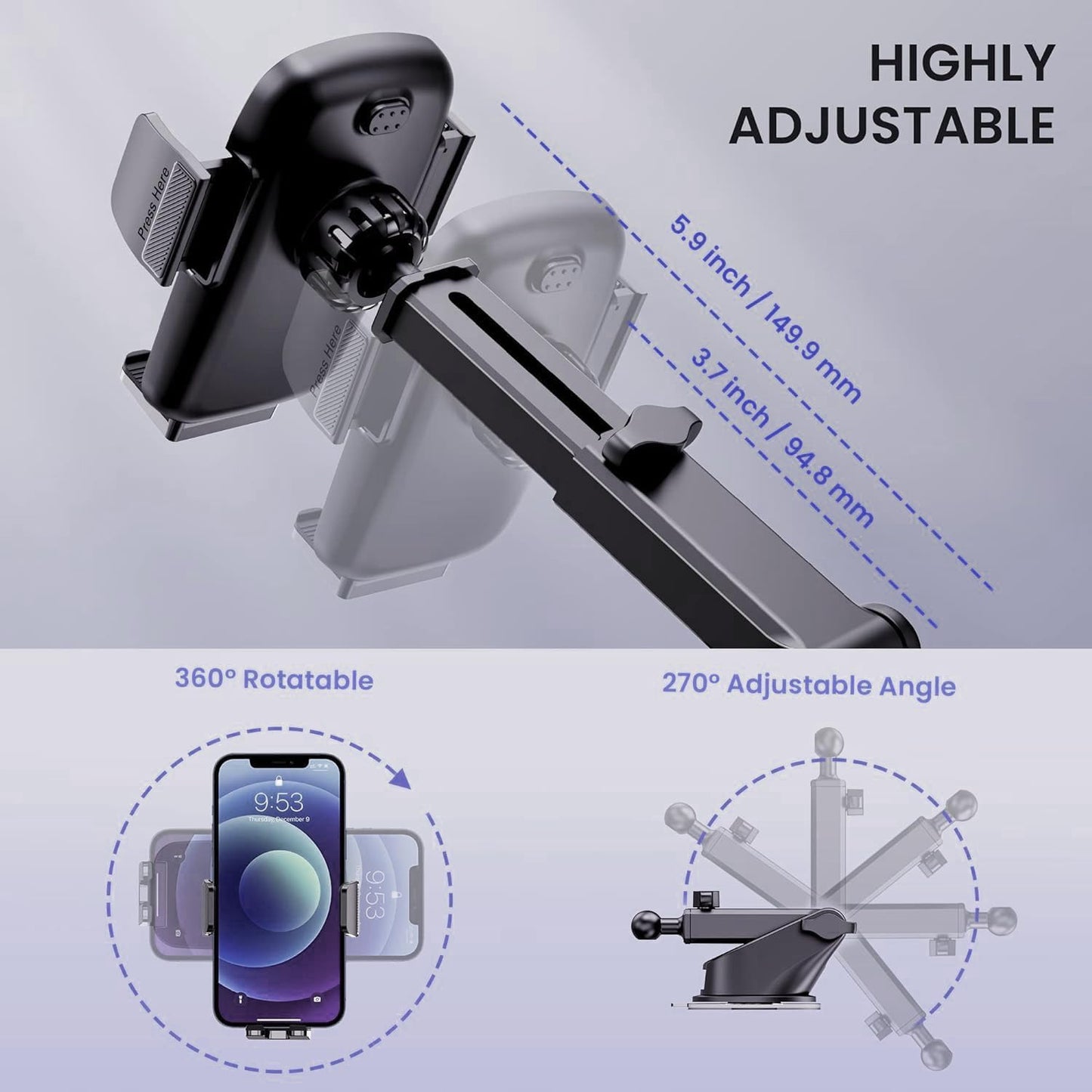 Qifutan Universal Car Phone GPS Navigator Mount - 3-in-1 Windshield/Dashboard/Air Vent Holder for iPhone & Android GPS Navigator, 360° Adjustable, Secure Suction Cup, Anti-Slip Silicone