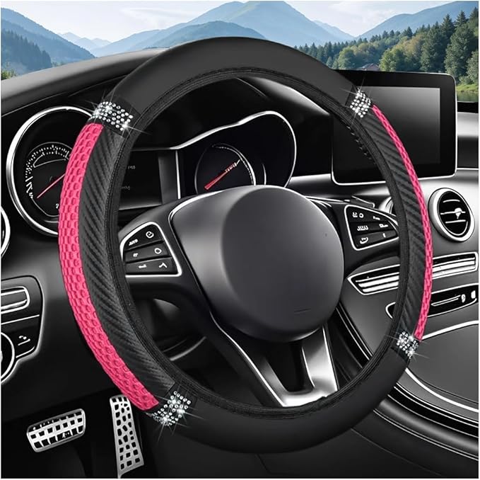 Bling Car Steering Wheel Cover, 15 Inch Elastic Stretch Crystal Rhinestone Vehicle Steering Wheel Protector, Anti-Slip Auto Interior Protective Cover, Universal for SUV RV Truck (Pink)