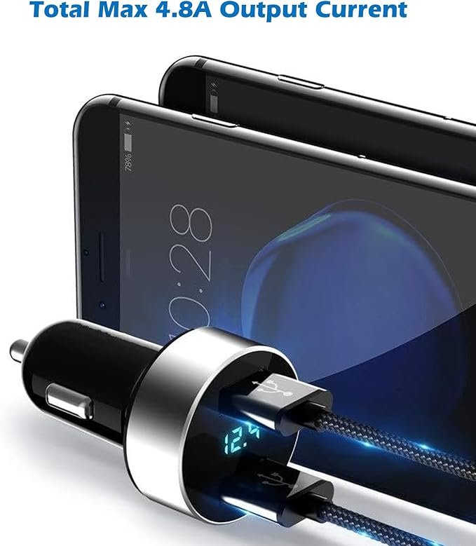 LIHAN 2 USB Car Charger,12V/24V Voltage Meter, Output 4.8A, Cigarette Lighter Plug Adapter Compatible with iPhone,iPad, Samsung, USB Charging Devices, Silver