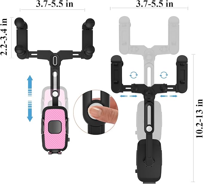 Phone Mount for Car, Rear View Mirror Phone Holder, Rotatable and Retractable Car Phone Holder Mount Rearview Mirror Phone Holder for Car Compatible with iPhone Samsung Cell Phones (Pink)