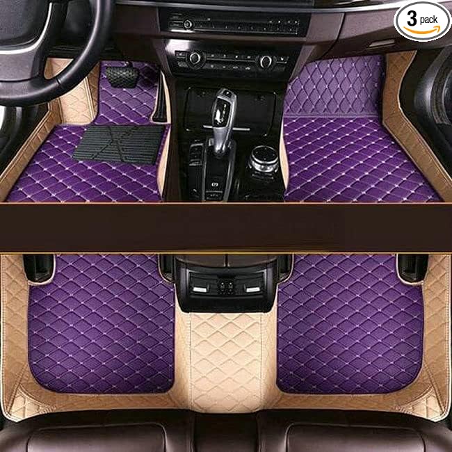 Custom Fit Car Floor Mats - Full Coverage Automotive Leather Floor Liners for Most Vehicles by MingyunSM (Purple & Beige)