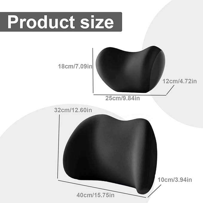 Memory Foam Breathable Ergonomic Car Headrest Pillow & Lumbar Pillow Kit with Adjustable Strap Black Car Neck for Driving, Rest, Sleep Seat Brackets